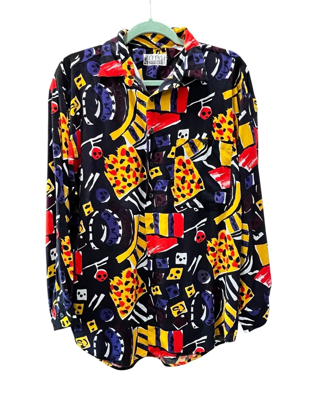 Vintage City Streets Abstract Geometric Button Up Funky Graphic Long Sleeve-M
